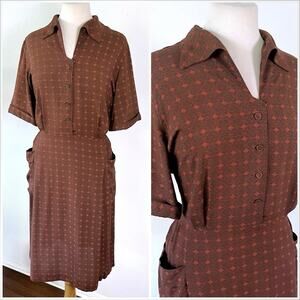 Vintage 1950s Brown Shirtdress Day Dress Volup Midi Half Sleeve // Size XL